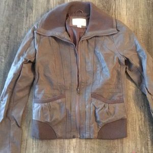 Knit trim bomber jacket; Brown